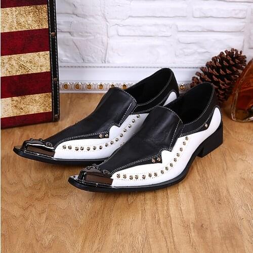 Dropshipping Men Dress Shoes Big Size 38-47 Patchwork White Black Metal Toe Rivet Casual Formal Shoes Britsh Pointy Male Flats