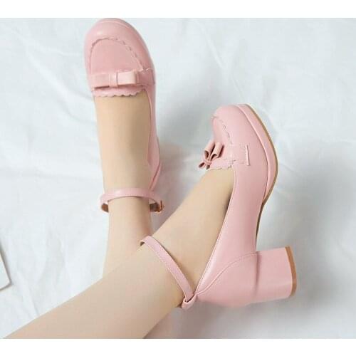 YQBTDL Pink White Cute Sweet Ladies Heels Bowtie Low Platform Ankle Strap Wedding Shoes Lolita Block High Heel Pumps Summer 2020