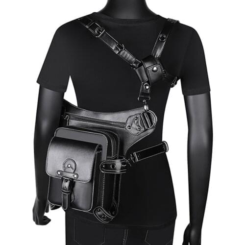 Women Vintage Steampunk Waistbags Punk Rivets Shoulder Bag for Male Cool Gothic Black Leather Travel Pouches Motorcycle Leg Bags