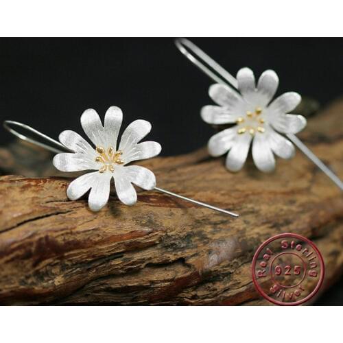 Amxiu Handmade Jewelry 100% 925 Silver Two Tones Color Flower Drop Earrings For Girls Sisters Friends Graduation Birthday Gifts