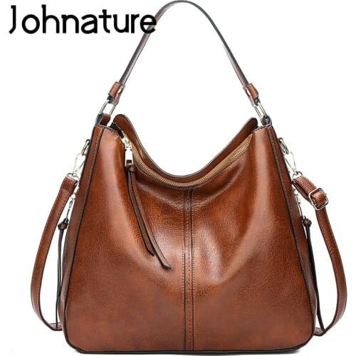 Johnature Casual Tote 2021 New Fashion Shoulder Bags High Quality Soft Leather Women Bag Large Capacity Elegant Lady Handbag