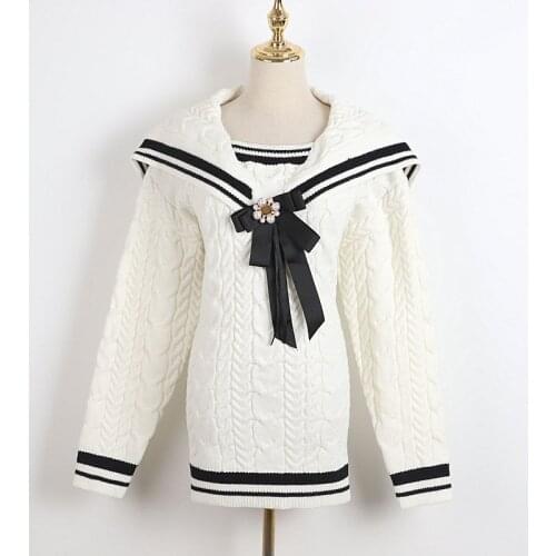 2021 Spring Sweater Long Sleeve Black Whie Lapel Neck Kint Swaeter Womens