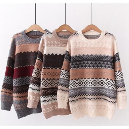 Autumn 2020 New Fashion All-match College Style Geometric Jacquard Round Neck Pullover Knitted Sweater Women