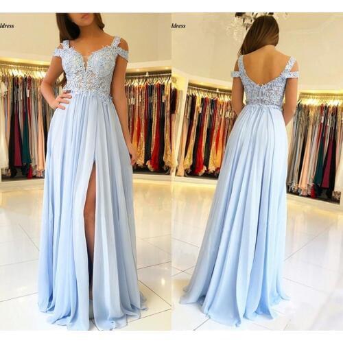 Sky Blue Bridesmaid Dresses 2021 Long Side Split Off Shoulder Lace Appliques Prom Party Gowns Wedding Guest Maid Of Honor Dress