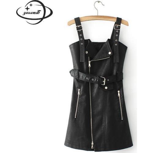 Womens Above Knee, Mini Dress Spring Autumn Female Vestidos Clothing Sleeveless A-line Strap Sashes Pu Ladies Clothes H78