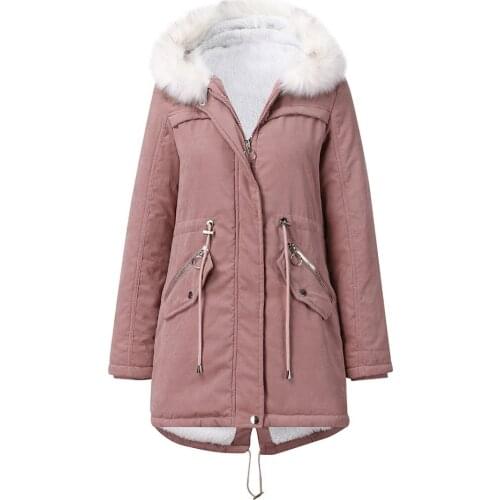 TT60 Women Winter Coat Hoodie White Collar Mid-Length Warm Thicken Fleece Adjustable Drawstring Elegant Loose Back Split Jacket