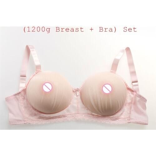 1200g/pair Round Beige Silicone Boobs Form+Sexy Pink Transparent Lace Pocket Bra ) CD Cosplay Artificial Boobs With Bra Set