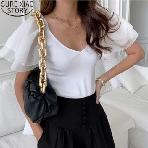 2021 Fashion Summer Blouse Women Korean Chic French Style Simple V-neck Double Layer Mesh Sleeve Womens Tops Blusa Mujer 14707