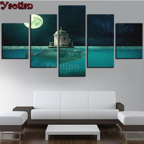 DIY Big Fish 5D Diamond Painting Cross Stitch Moon Night Seascape Diamond Embroidery rhinestones Diamond Mosaic puzzle 5 pcs/set