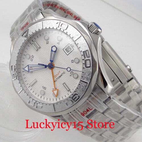 BLIGER Brand GMT White Dial 41mm Automatic Wristwatch Men Roating Bezel Sapphire Crystal Screw Crown
