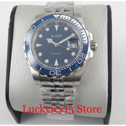 BLIGER Stainless Steel Mechanical Men Watch Sapphire Glass Blue Dial Rotating Bezel Jubilee Strap MIYOTA Movement