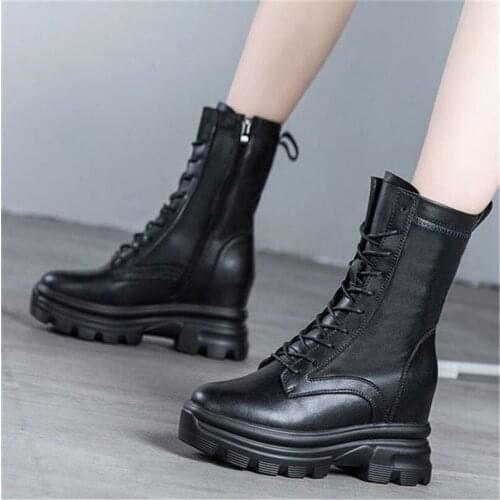 Military Womens Lace Up Cow Leather Round Toe Ankle Boots Wedge High Heel Platform Shoes 34 35 36 37 38 39