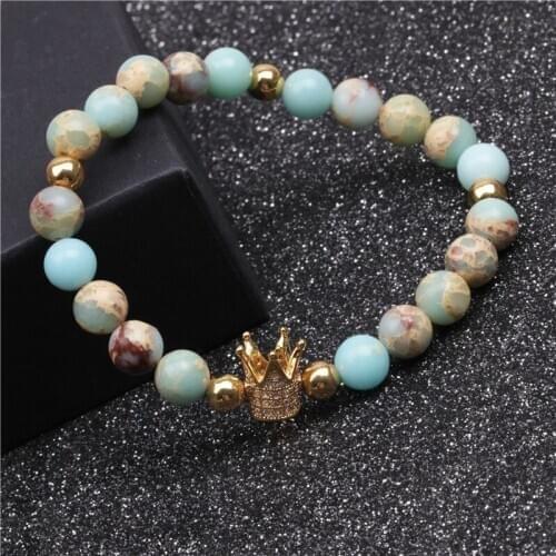 Unisex Fashion Handmade Bracelet Bijoux Green Natural Cracked Stone Beaded Gold Color Crown Shape Decorative Elastic Bracelets
