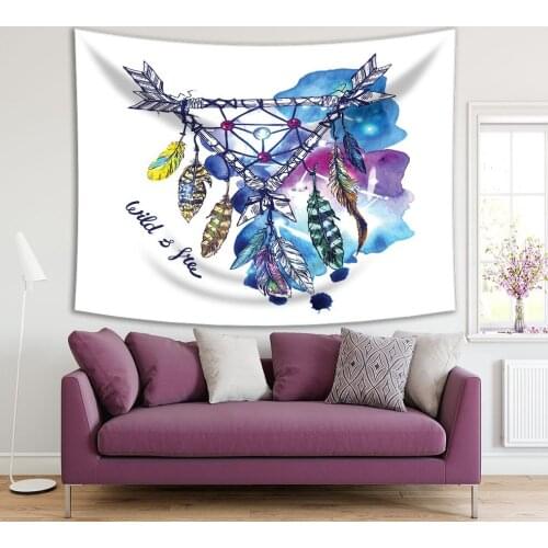 Tapestry Dreamcatcher on Space Feathers Beads Arrows Watercolor Background Blue Purple Tribal Artwork Printed