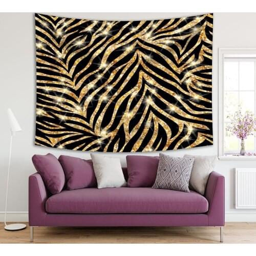 Tapestry Gold Zebra Pattern on Black Background Stylish Chic Animal Print Glittering Festive Theme Artwork Print