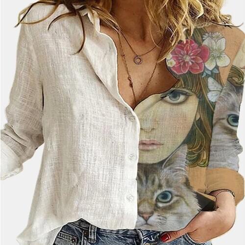 Cotton Polyester White Stitching Portrait Floral Print Shirt Turn-Down Long Sleeve Top Lady Office Button Plus Size Casual Blusa