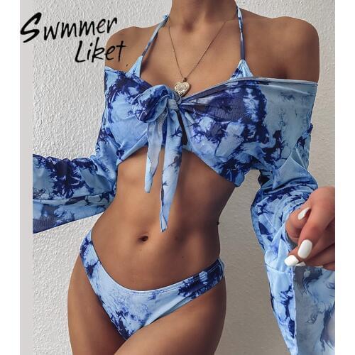 Halter three piece suit Brazilian thong swimsuit female Triangle swimwear Printed bikini Long sleeve bathing suit women bathers