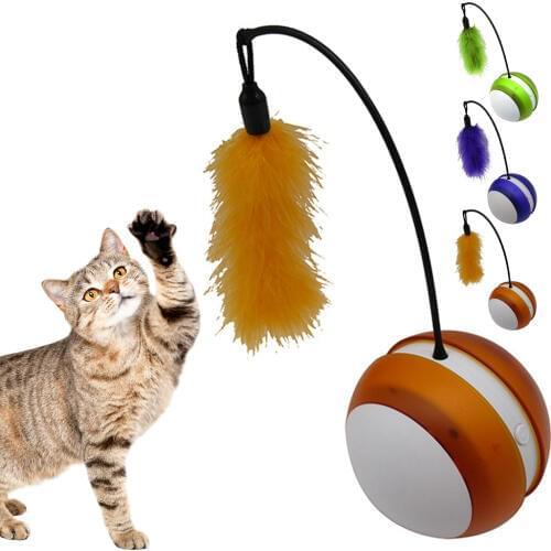 Interactive Cat Electric Tumbler Faux Feather Pet Ball Toy Cat Teaser Toy Cat Play Ball Funny Pet Puppy Cat Pet Tumbler Cat Toys