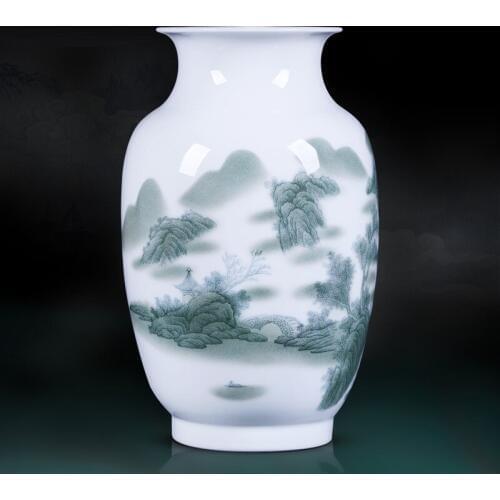 Jingdezhen ceramic vases dried flowers ornaments, Chinese painting landscape arts and crafts living room TV cabinet decoration