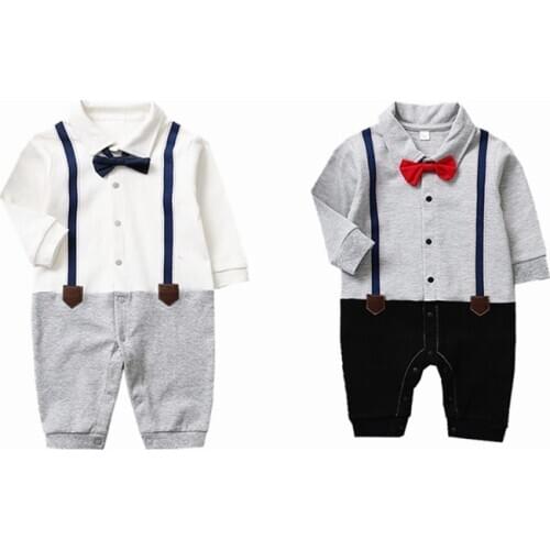 0-2 Years Long Sleeve Boy Rompers Button Front Open Baby Clothes Infant Gentlman Tie Jumpsuit Outfit Little Boys Birthday Dress