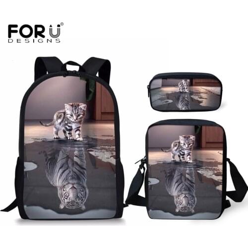 FORUDESIGNS Cat Refracts Tiger 3D Printing School Bags Set for Teen Boys Casual Primary Student Backpack Campus Bags Mochila