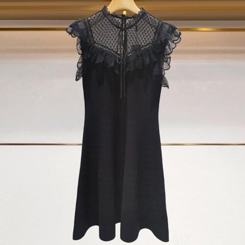 Sweet Little Black Knitted Dress Spring Summer Mesh Lace Patchwork Ruffles Slim Fit One Piece Elegant Robe Vestido Fiesta