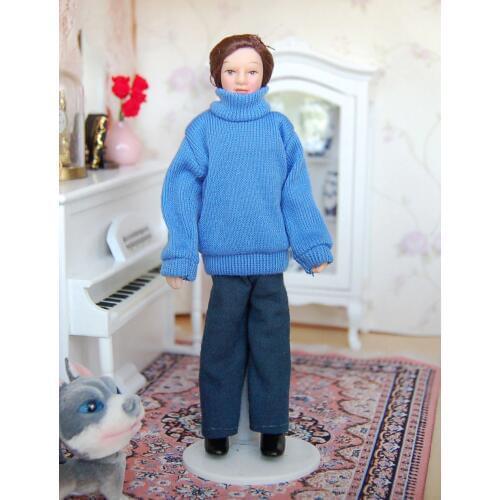 6.7" 1:12 Dollhouse miniature Mini Dolls brown hair Blue sweater Young Man