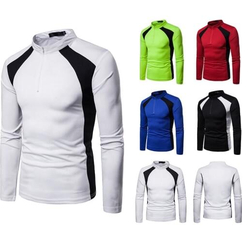 Mens T-Shirt Long Sleeve Henry Collar Irregular Stitching Pullover T-Shirt With Zipper Casual Patchwork Stand Collar Tops