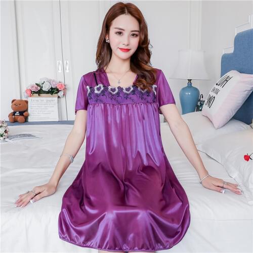 Lace Plus Size M-4XL Nightdress Sexy Sleepwear Nightgowns Night Dress Women Short sleeve Nightwear Faux Silk Satin Nightshirt