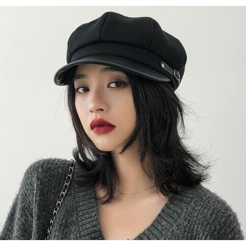 New Autumn 2020 Winter Black Beret femme Leather French Hat Women British Style gavroche Black military Beret Newsboy Cap