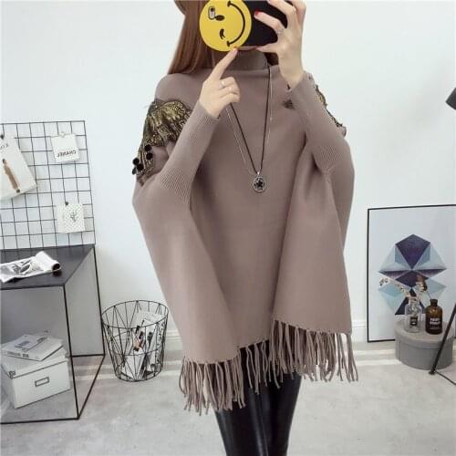 Autumn And Winter New Loose Bat Sleeve Sweater Cloak Shawl Jacket High Collar Tassel Sweater Women Thick