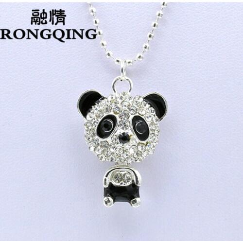 RONGQING 12pcs/lot Cute Crystal Panda Pendant Necklace Trendy Animal Long Sweater Necklace for Girls