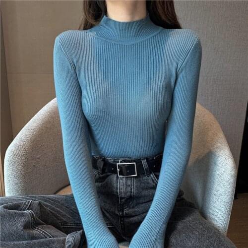 New Half high collar Pullover Autumn Winter Women Knitted Sweater Casual Rib Jumper Throat Female Pull Clothing Coat Female Tops