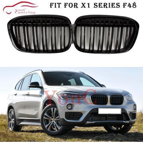 1 pair Piano black color dual slat front kidney grille grills for BMW X1 F48 2016 + 5-door SUV front hood grill mesh