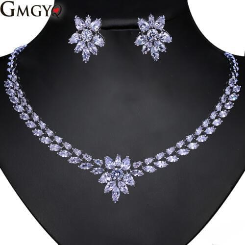 GMGYQ Luxe Brilliant Zirconia Clear Zirconia Flower En Cirrus Mode Stijl Bruiloft Bruids Earring Chain Sieraden Set Banquet Gift
