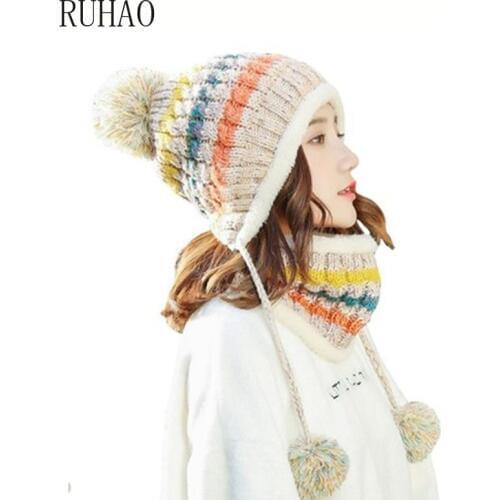 RUHAO Winter Knitted Hat Women Scarf Caps Mask Gorras Bonnet Warm Baggy Winter Hats For Girls Skullies Beanies