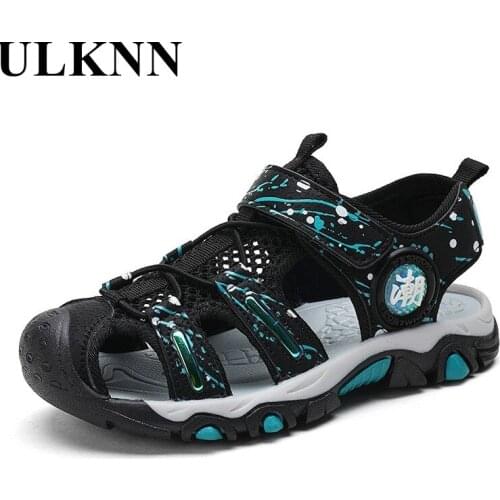 ULKNN Childrens Mesh Breathable Sandals Fashion Soft Sole Beach Shoes Toe Protection Wearable Boys Summer Leather Kids Outdoor