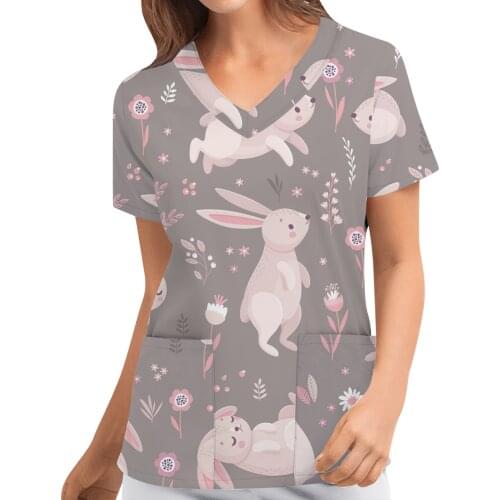 Nurse Doctors Rabbit printing uniform scrubs tops overalls lab spa uniform medical surgical uniforms Easter printing T-shirt