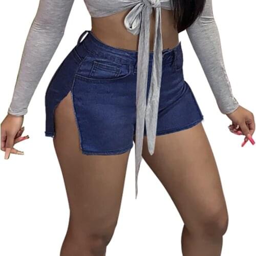 High Waist Slim Denim Shorts Plus Size Woman Tight Side Split Jeans Shorts Washed Female Summer Thin Skinny Hips Stretch Jeans