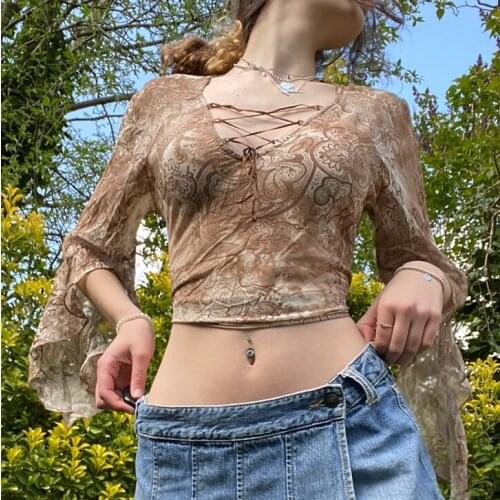 Y2K Fashion Graphic Pattern Cross Lace Up Hollow T-shirt Women Vintage Printing Mesh Yarn Split Long Sleeve Shirt Crop Tank Top