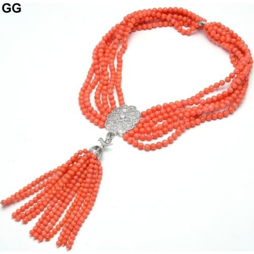 GuaiGuai Jewelry 6mm Round Orange Coral Necklace CZ Pave Bird Flower Connector Pendant Handmade For Women