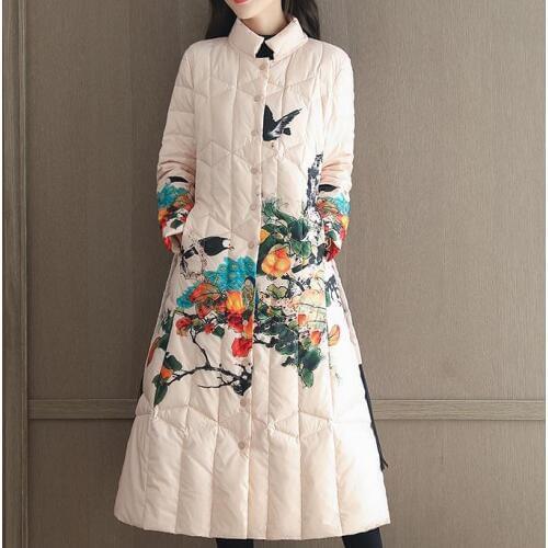 Plus size S-3XL!women winter long cotton jacket loose embroidery printing thickening coat