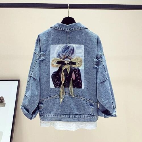 Short Jeans Jacket Women Embroidery Printed Frayed Denim Jacket Bow Ribbons Loose Spring Autumn Harajuku Coat Female Tide H1517