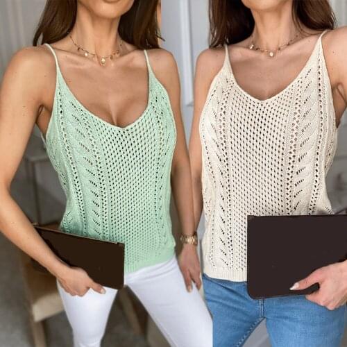 Womens Solid Color Camisole Summer Casual Hollow Out Sexy Low-Cut V-Neck Fitting Straight Sling Tops for Summer Wear