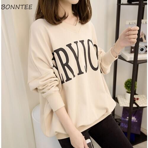 Hoodies Women Soft Loose Fashion Korean Pullover Womens Leisure Long Sleeve Clothing V-Neck High Quality Simple Sweatshirts