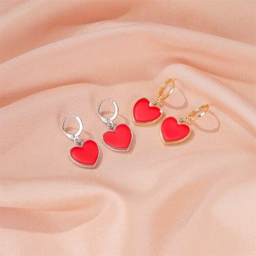 Simple Red Heart Earrings for Women Enamel Fashion Gold Color Alloy Heart Shape Drop Dangle Earrings Wedding Jewelry Wholesale
