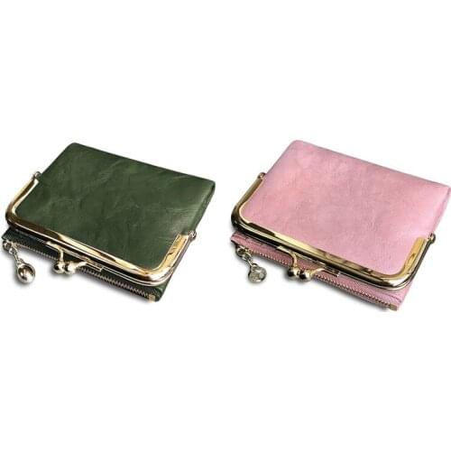 2Pcs WomenS Short Wallet Bifold Retro Multifunction Coin Purse with Zip and Kiss Lock - Green & Pink