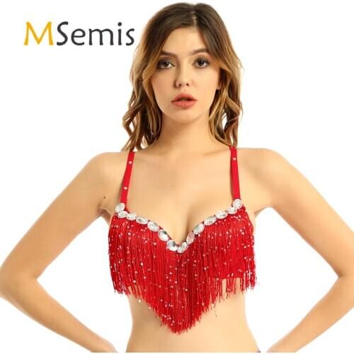 Womens Belly Dance Push-Up Bra Latin Sequin Tassel Rhinestone Underwired Brassiere Tops Party Club Stage Performance Costume