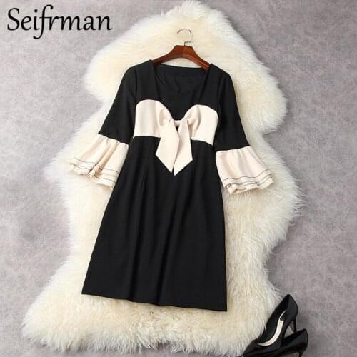 Seifrmann New 2021 Summer Women Fashion Runway Party Short Dress Flare Sleeve Bow High Waist Printed Patchwork Dresses Vestidos