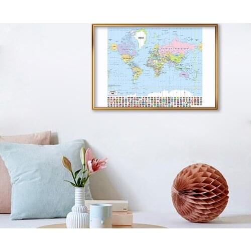 59*42cm The World Political Map with National Flags Wall Poster Canvas Painting Travel School Supplies Classroom Wall Home Decor